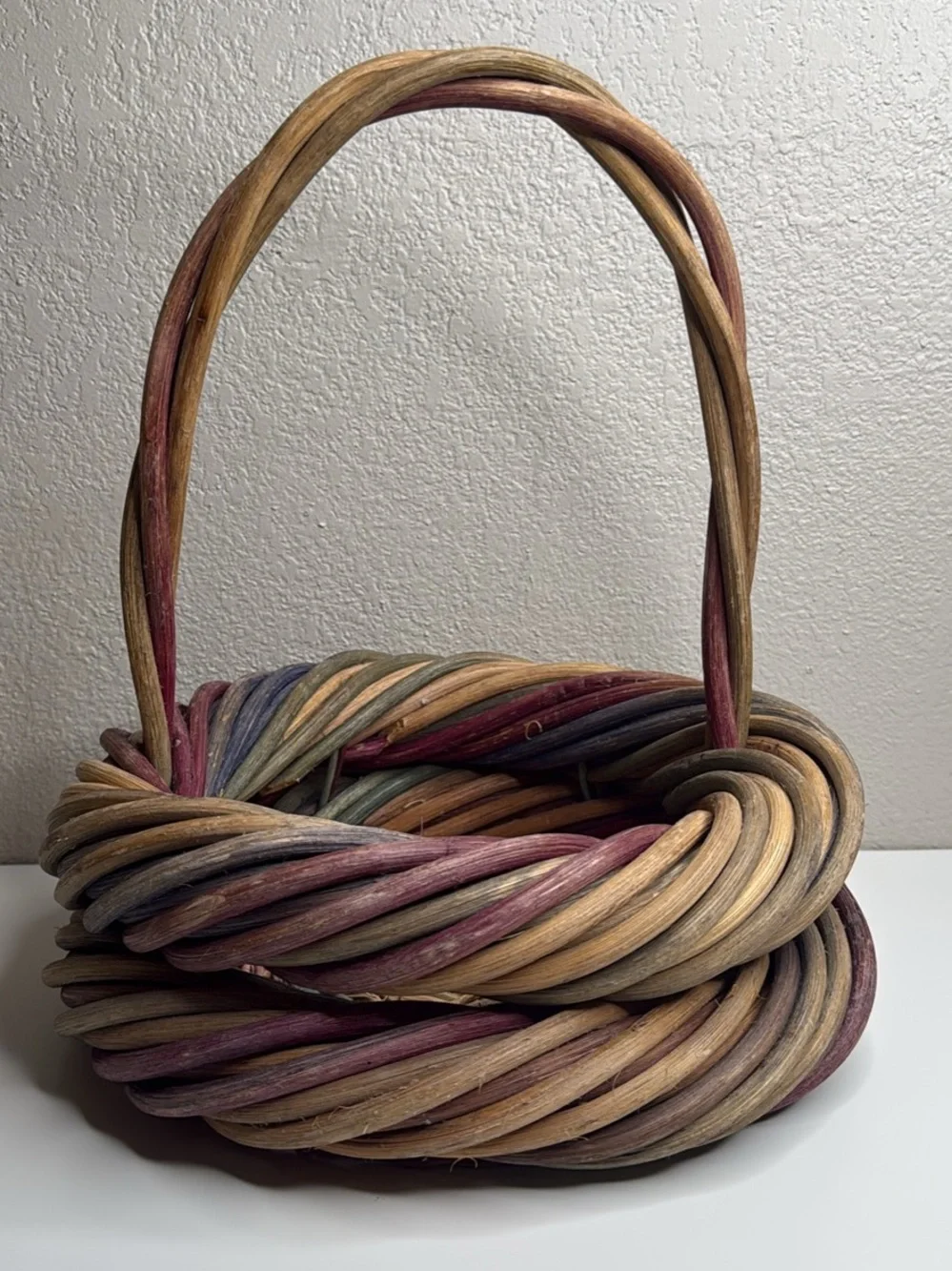 Woven Decorative Basket with Handle in Pink and Natural Tones